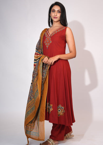 Dark Rust Reyon Anarkali suit
