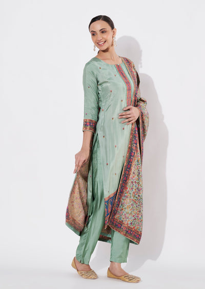 Dusty Green Silk Straight cut suit
