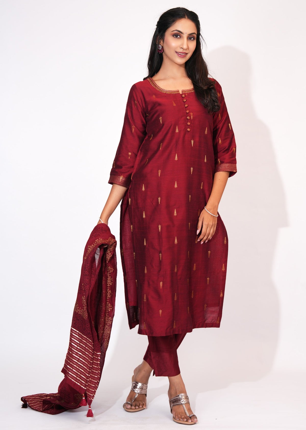 Maroon Silk Straight cut suit