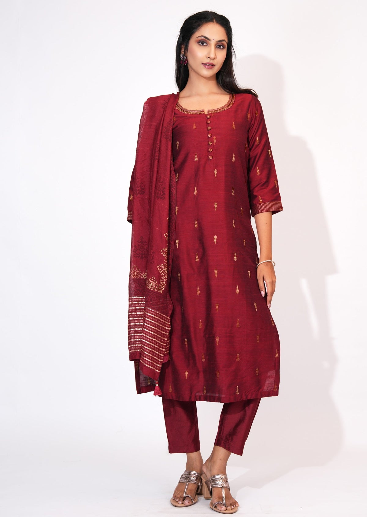 Maroon Silk Straight cut suit