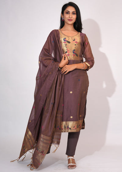 Brown Chanderi Straight cut suit