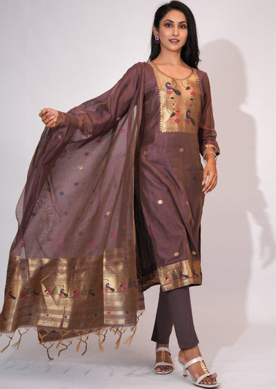Brown Chanderi Straight cut suit