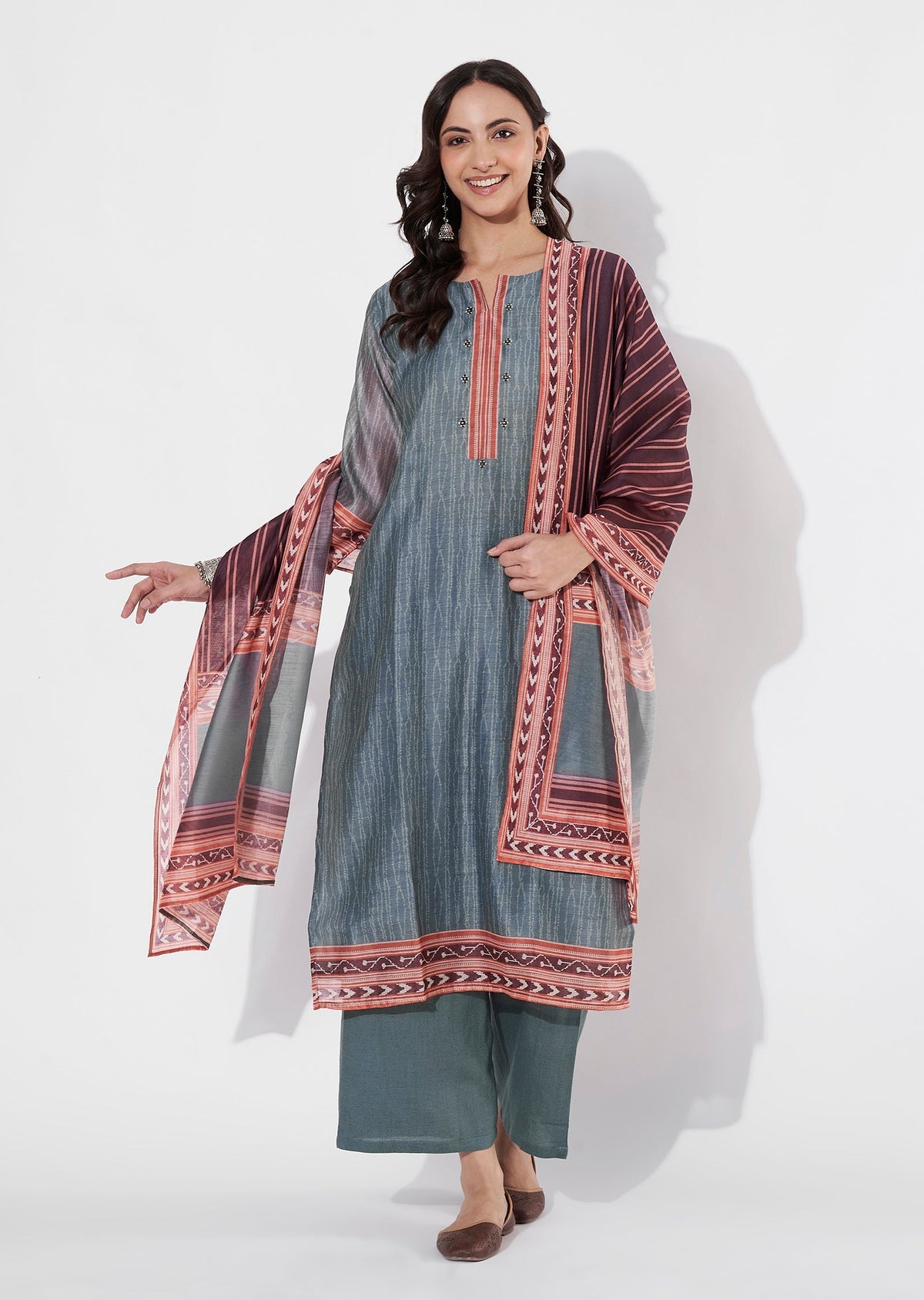 Grey Chanderi Straight cut suit