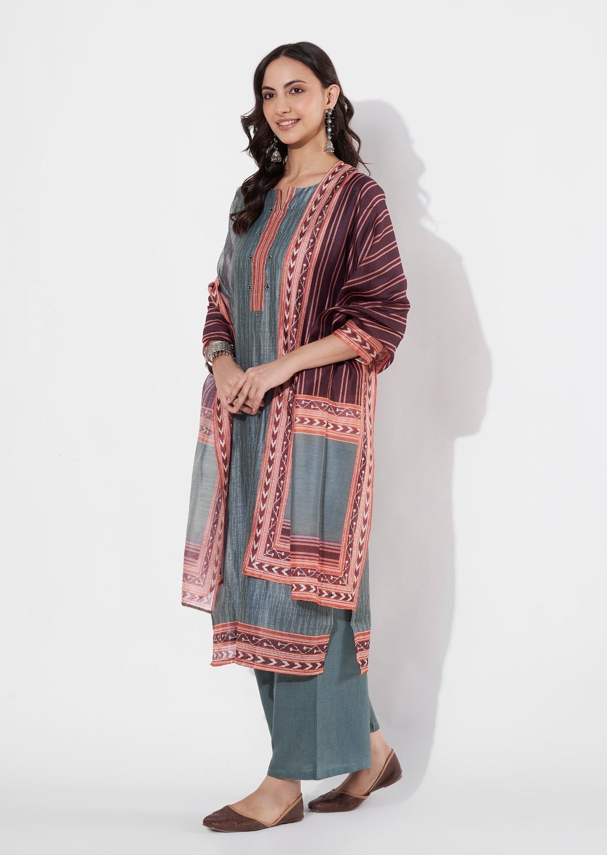 Grey Chanderi Straight cut suit