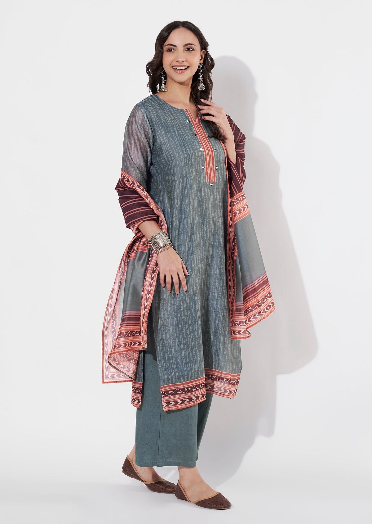 Grey Chanderi Straight cut suit