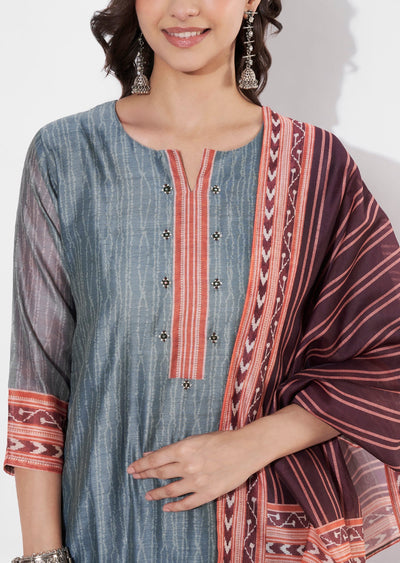 Grey Chanderi Straight cut suit