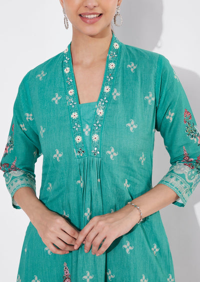 Sea Green Cotton Long kurti