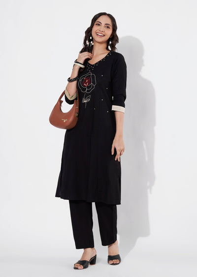 Black Cotton Straight cut Kurti set