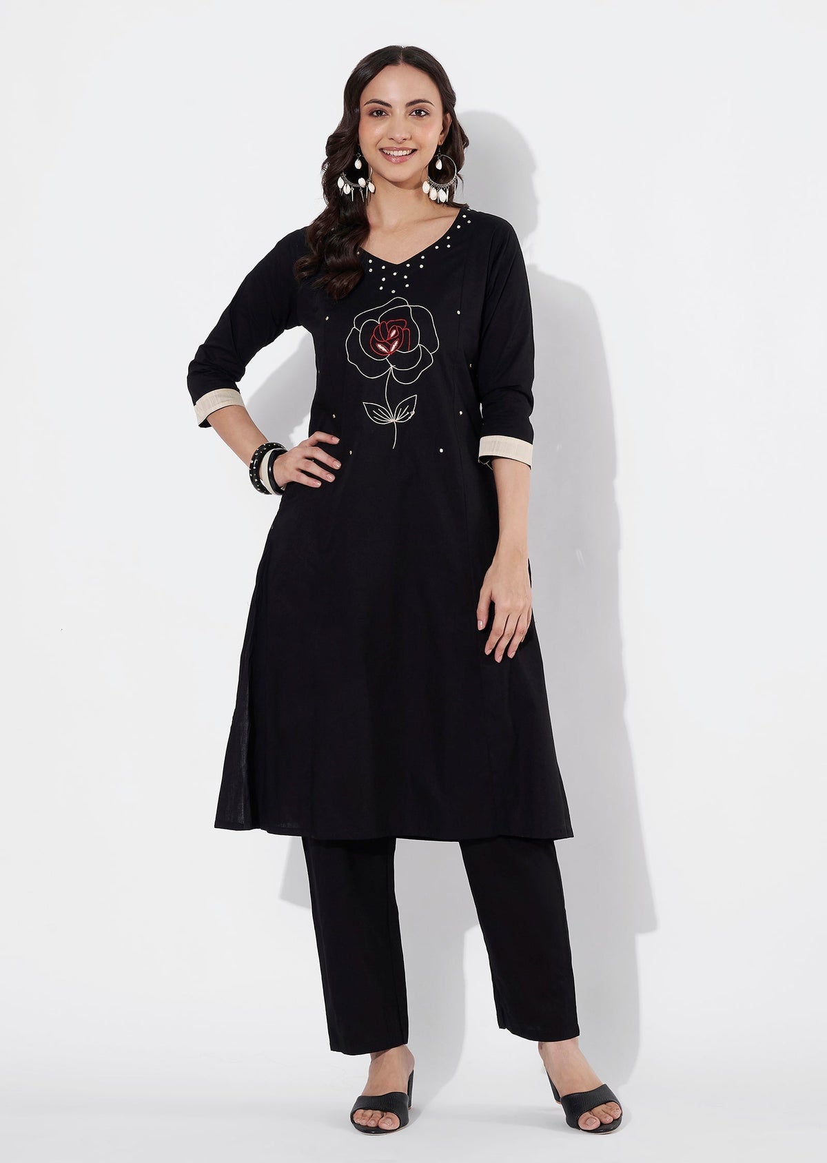 Black Cotton Straight cut Kurti set