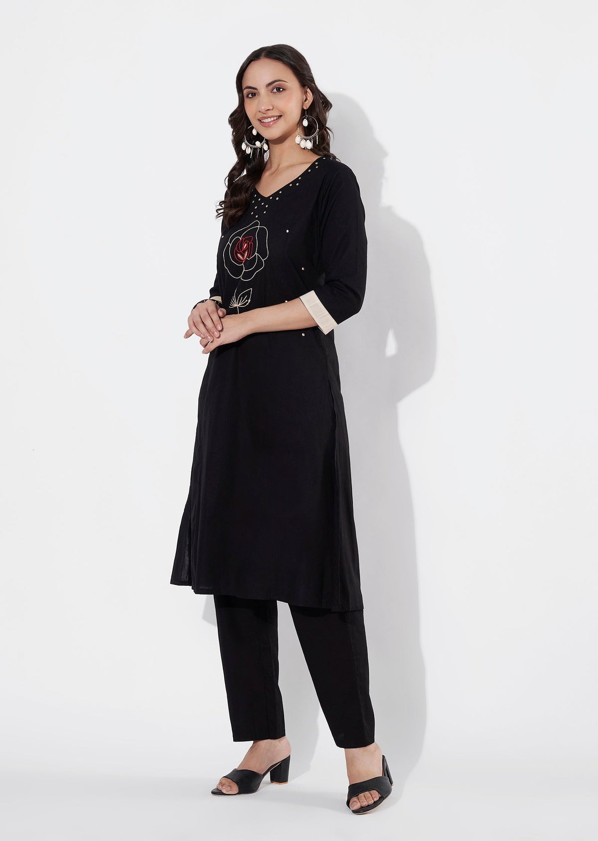 Black Cotton Straight cut Kurti set