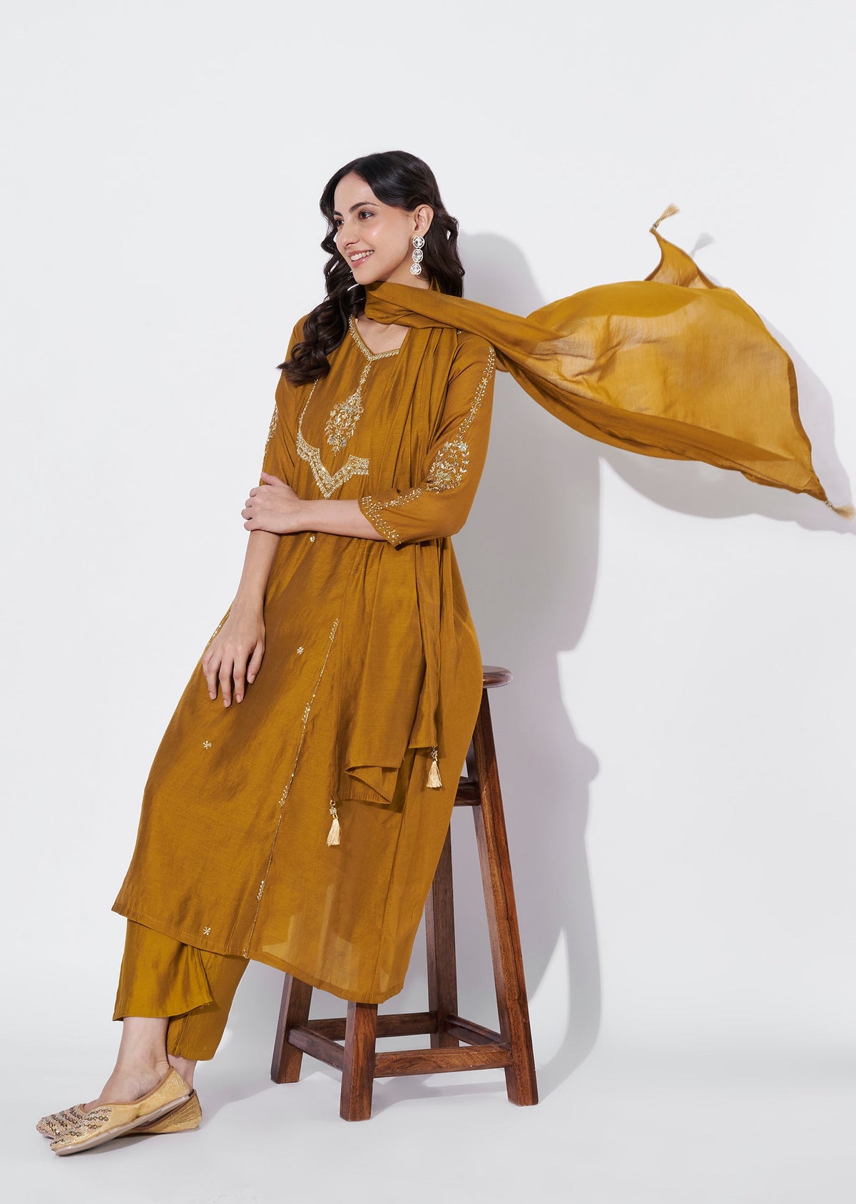 Dark Mustard Mul Chanderi Anarkali suit