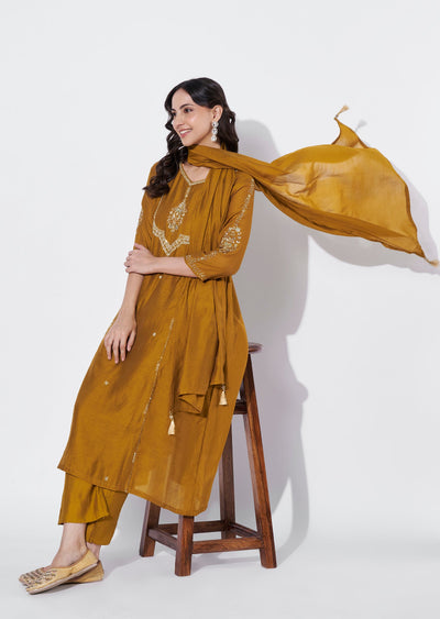 Dark Mustard Mul Chanderi Anarkali suit