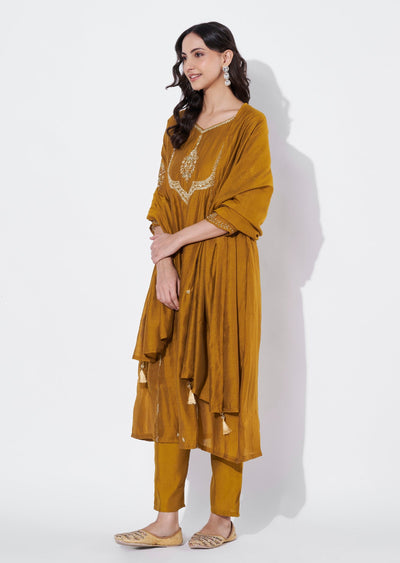 Dark Mustard Mul Chanderi Anarkali suit