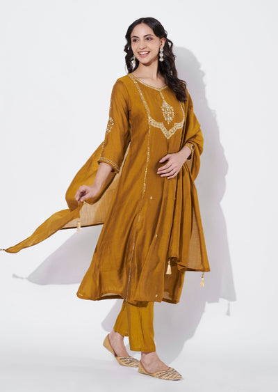 Dark Mustard Mul Chanderi Anarkali suit