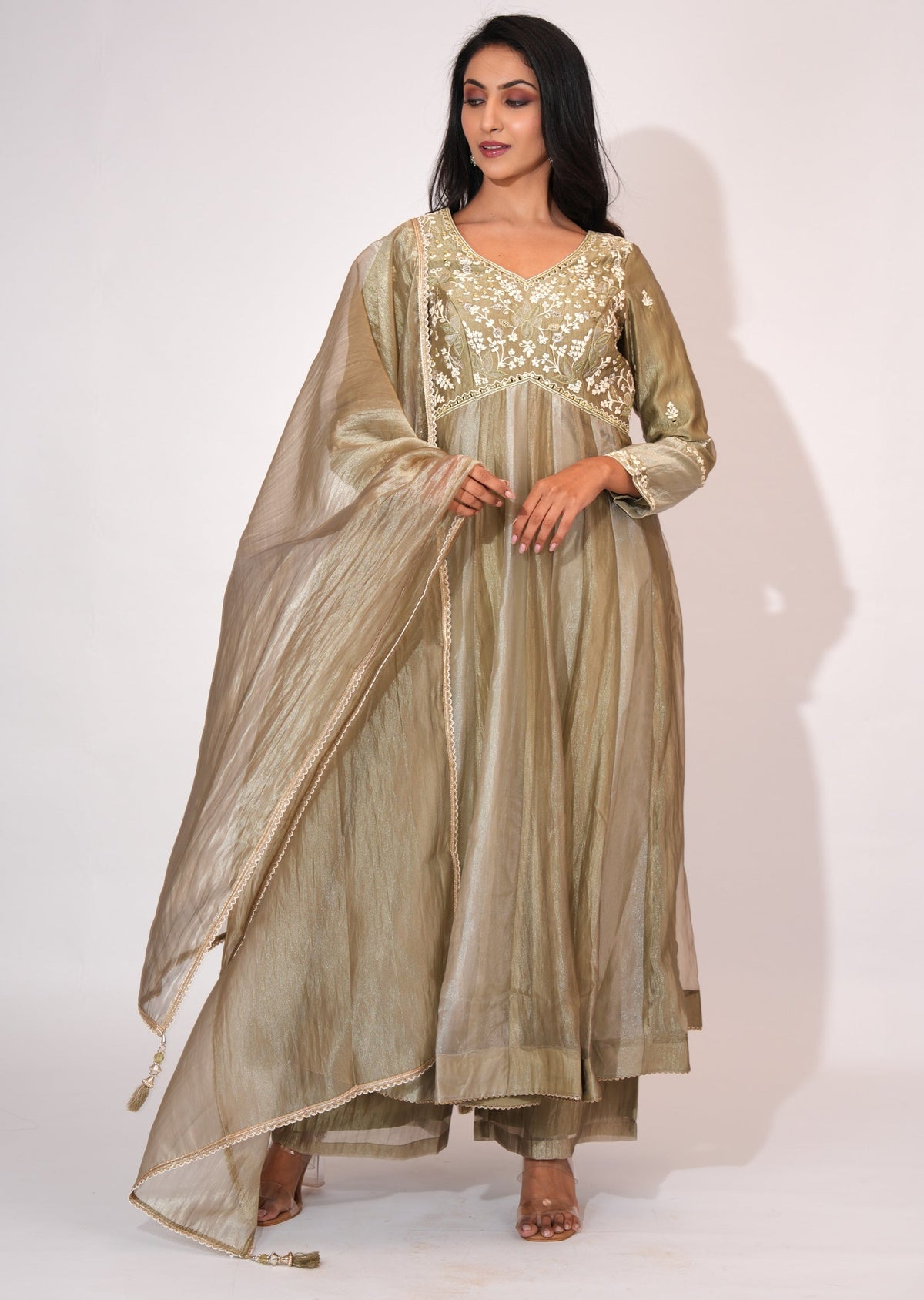 Dusty Green Tissue Anarkali suit