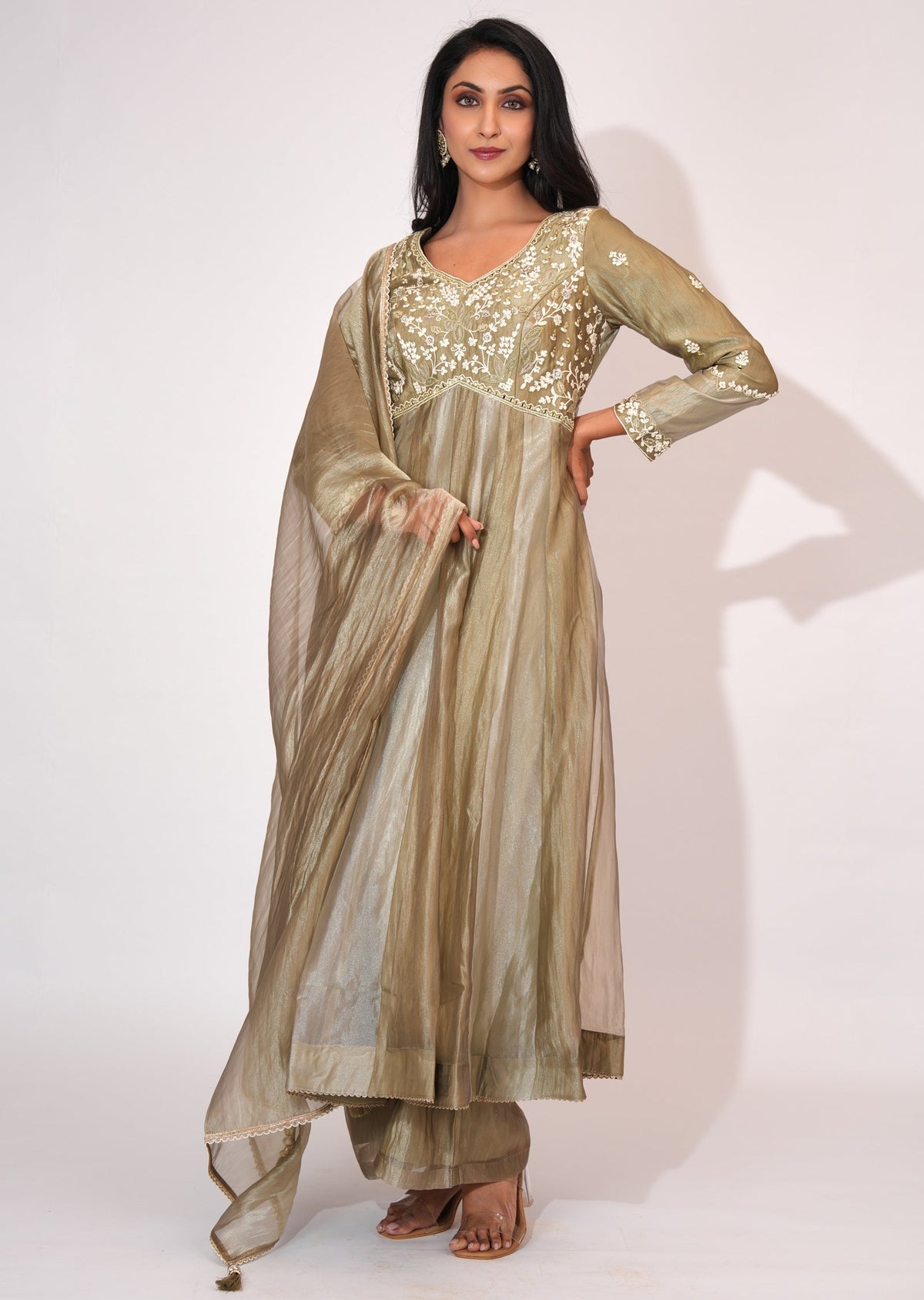 Dusty Green Tissue Anarkali suit