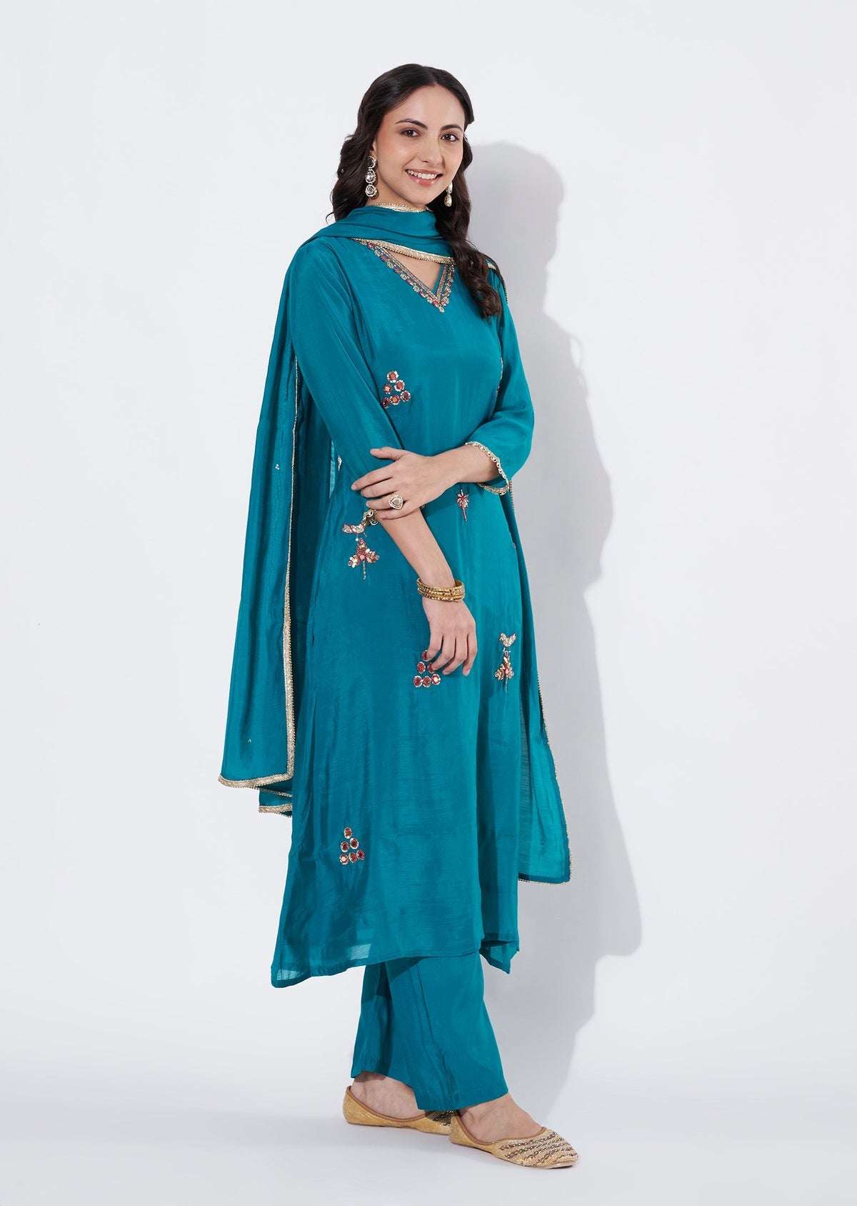 Rama Green Mul Chanderi Anarkali suit