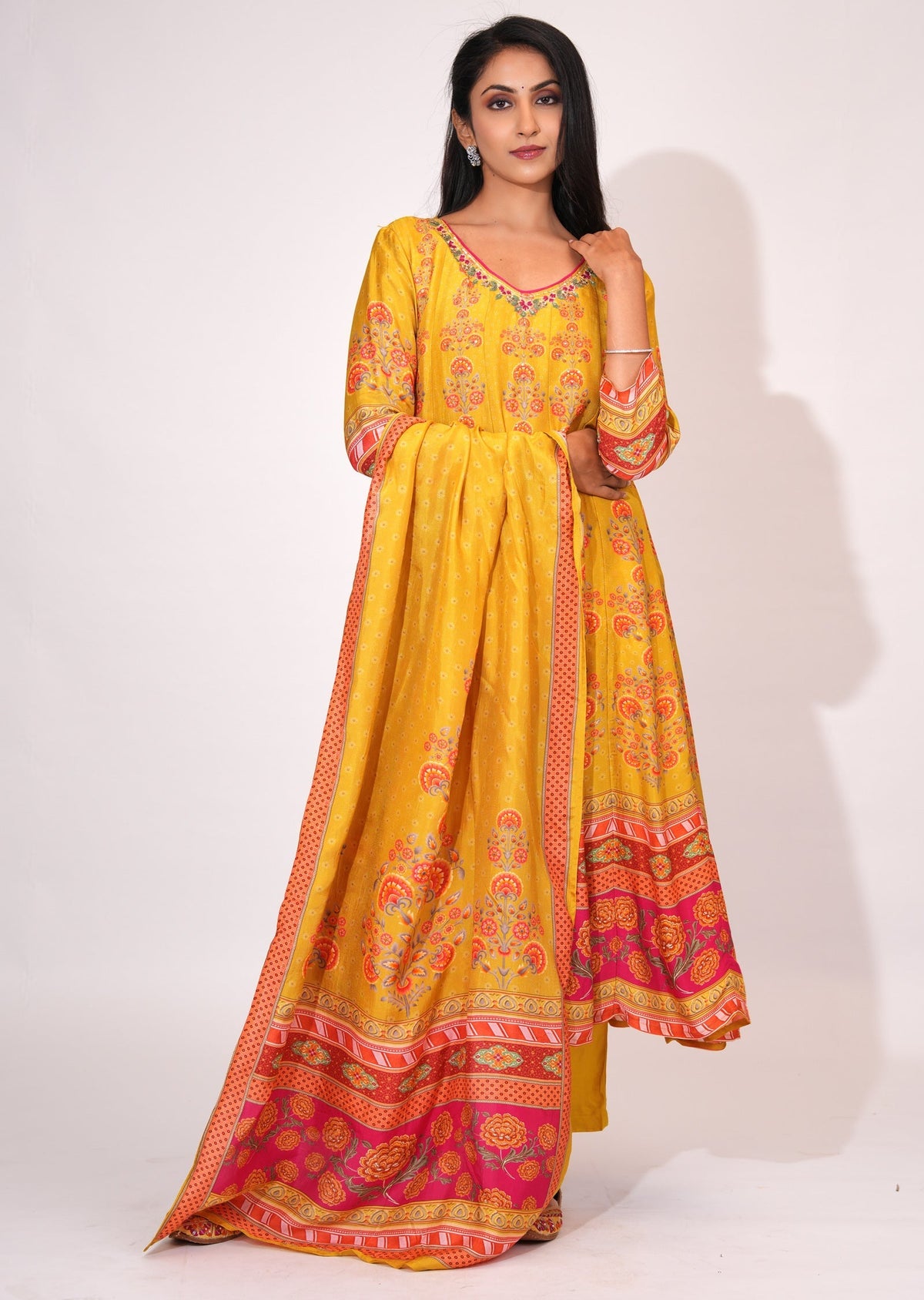 Mustard Dola Silk Anarkali suit