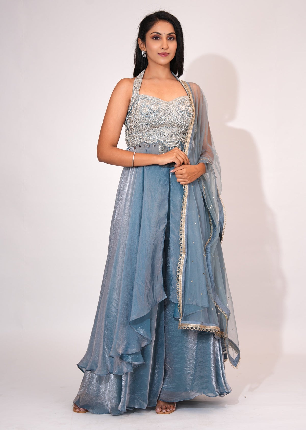 Dusty Blue Front open Anarkali suit