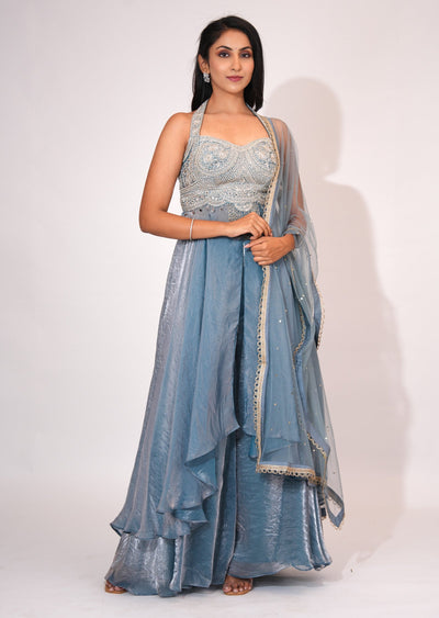 Dusty Blue Front open Anarkali suit