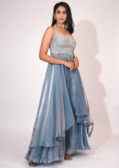 Dusty Blue Front open Anarkali suit