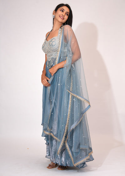 Dusty Blue Front open Anarkali suit