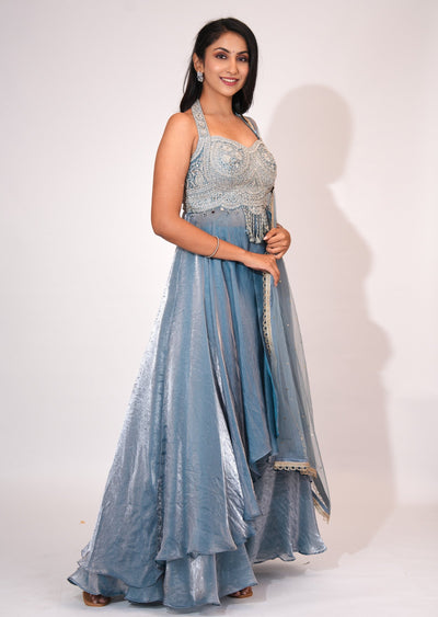 Dusty Blue Front open Anarkali suit