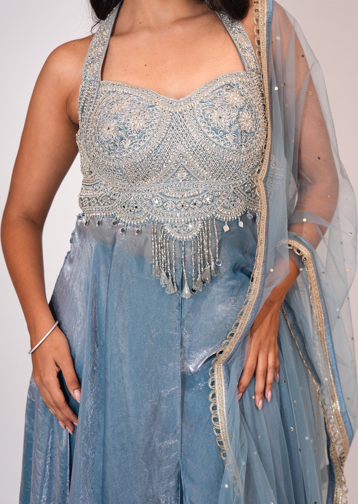 Dusty Blue Front open Anarkali suit