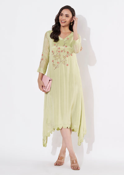 Pista Green Chinnon Frock style kurti