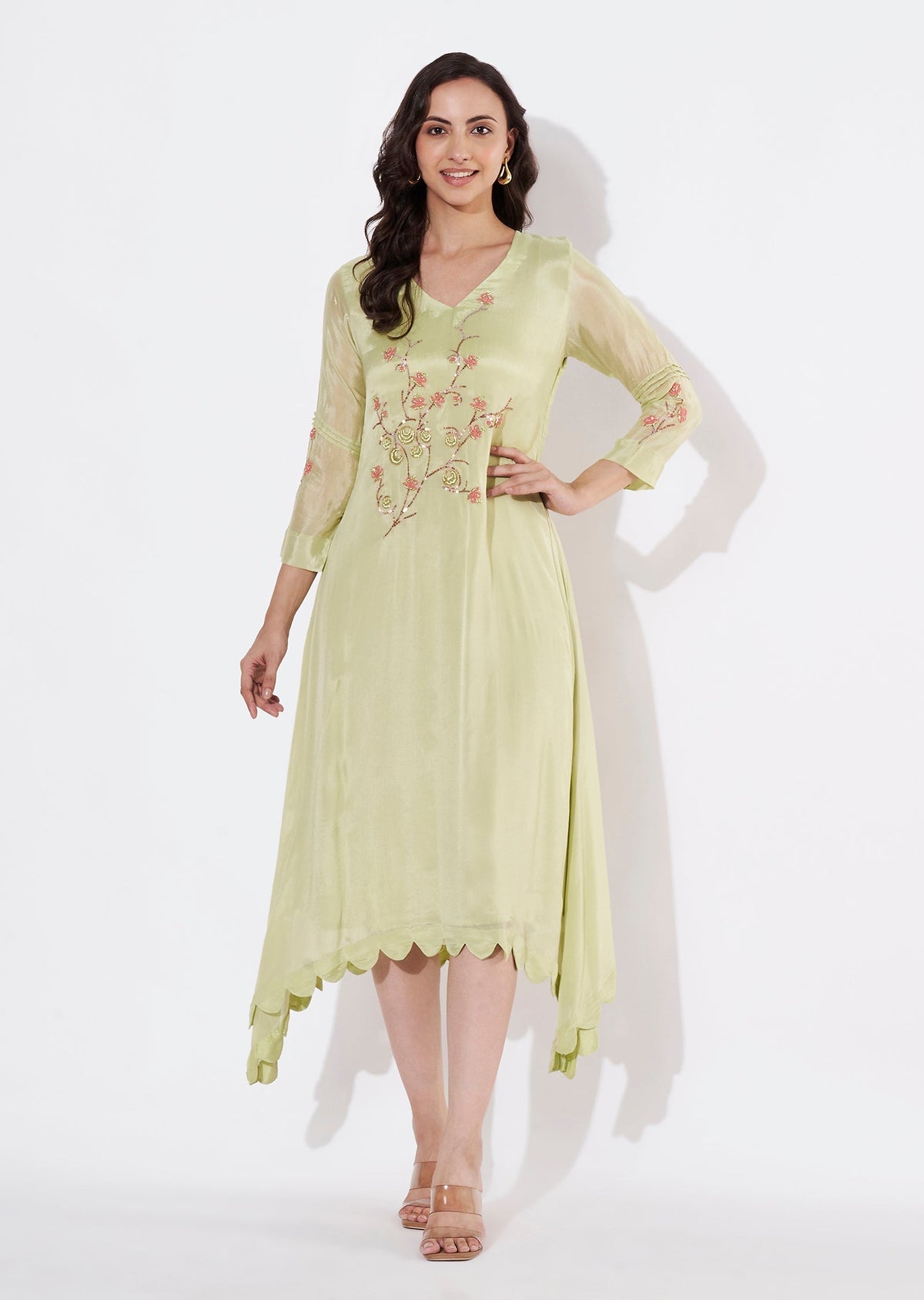 Pista Green Chinnon Frock style kurti