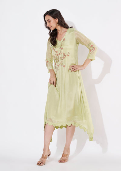 Pista Green Chinnon Frock style kurti