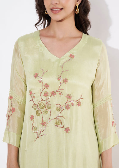 Pista Green Chinnon Frock style kurti