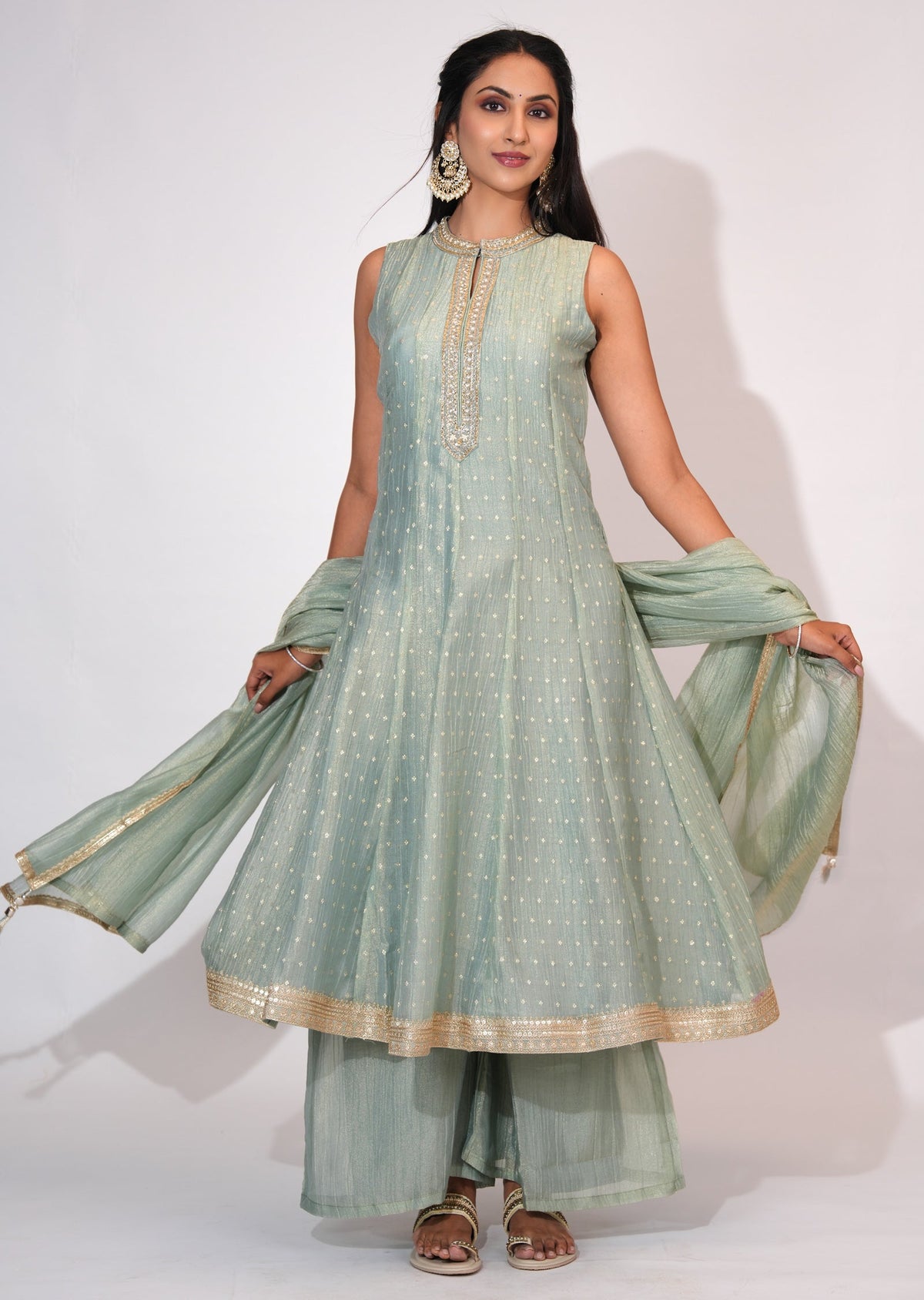 Dusty Green Tissue Anarkali suit