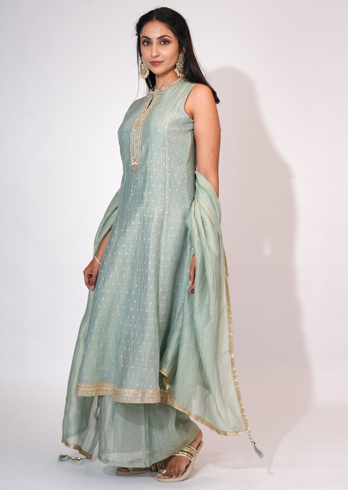 Dusty Green Tissue Anarkali suit