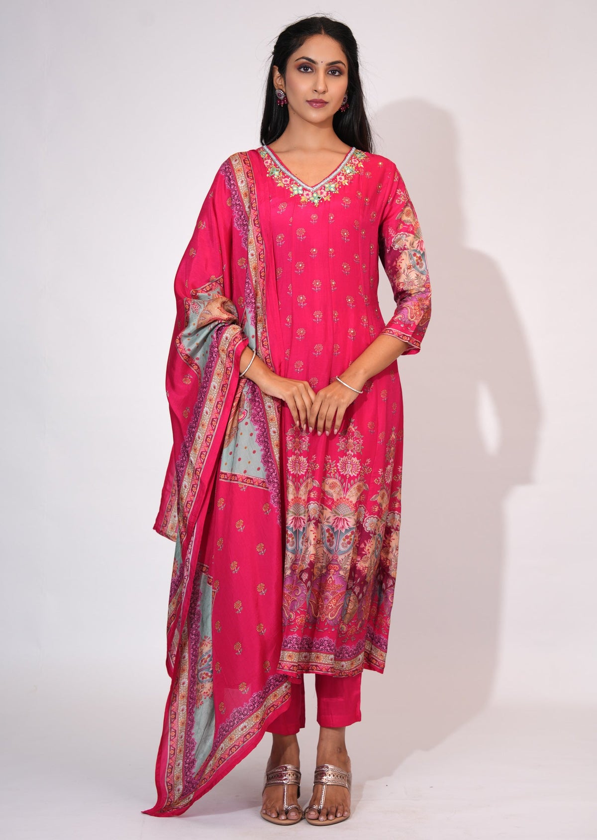Rani Pink Dola Silk Anarkali suit