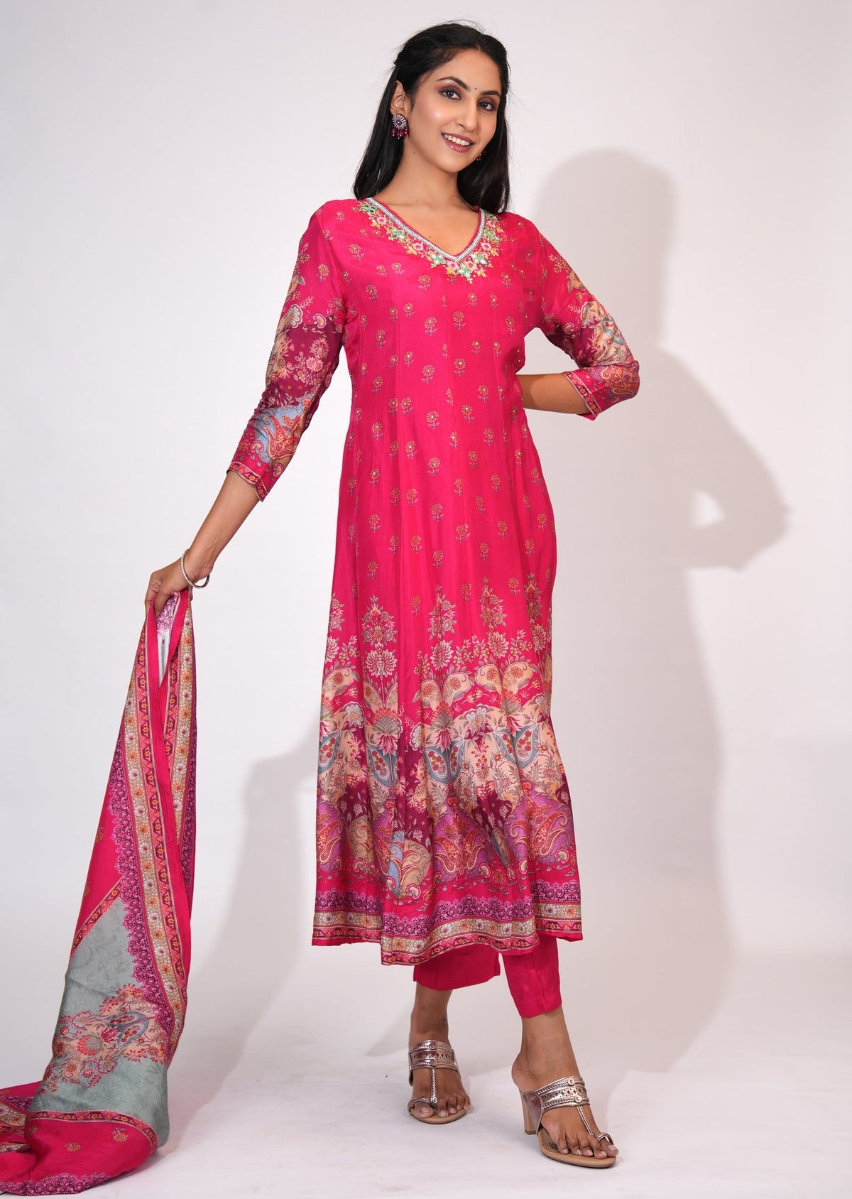 Rani Pink Dola Silk Anarkali suit