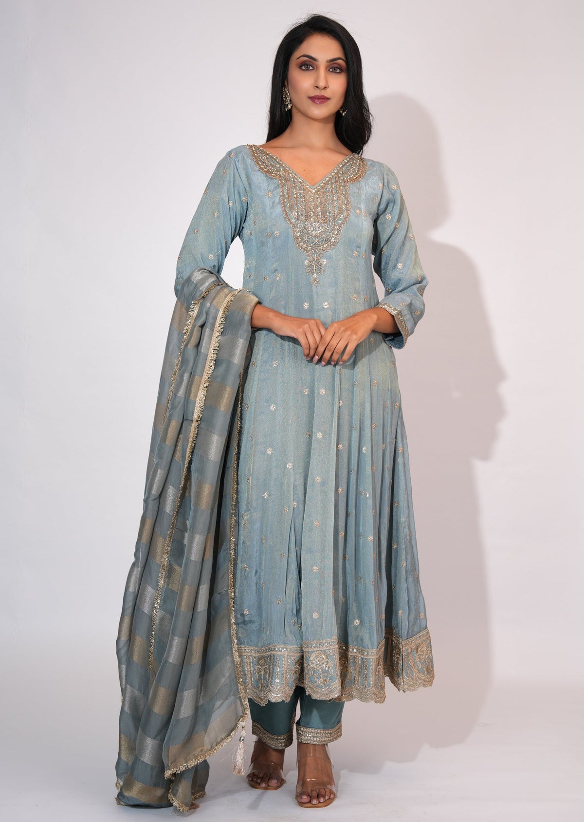 Dusty Blue Tissue Anarkali suit