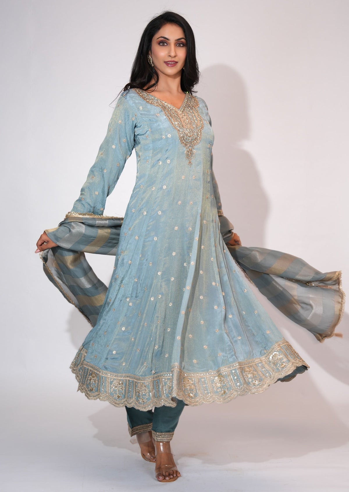 Dusty Blue Tissue Anarkali suit