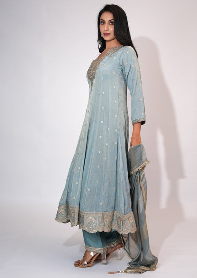 Dusty Blue Tissue Anarkali suit