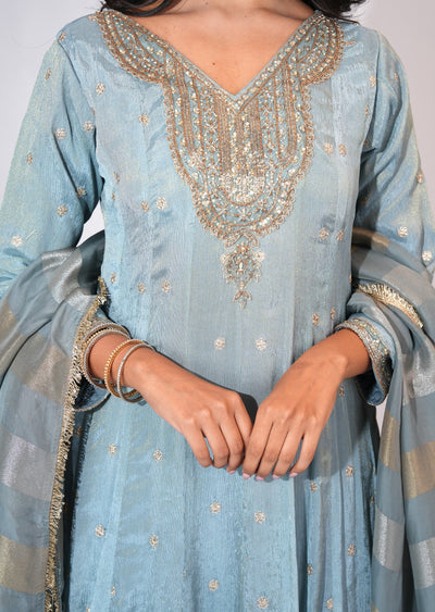 Dusty Blue Tissue Anarkali suit