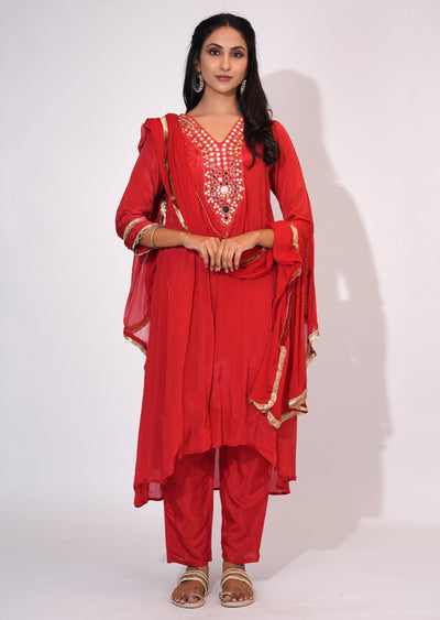 Red Chinnon Anarkali suit