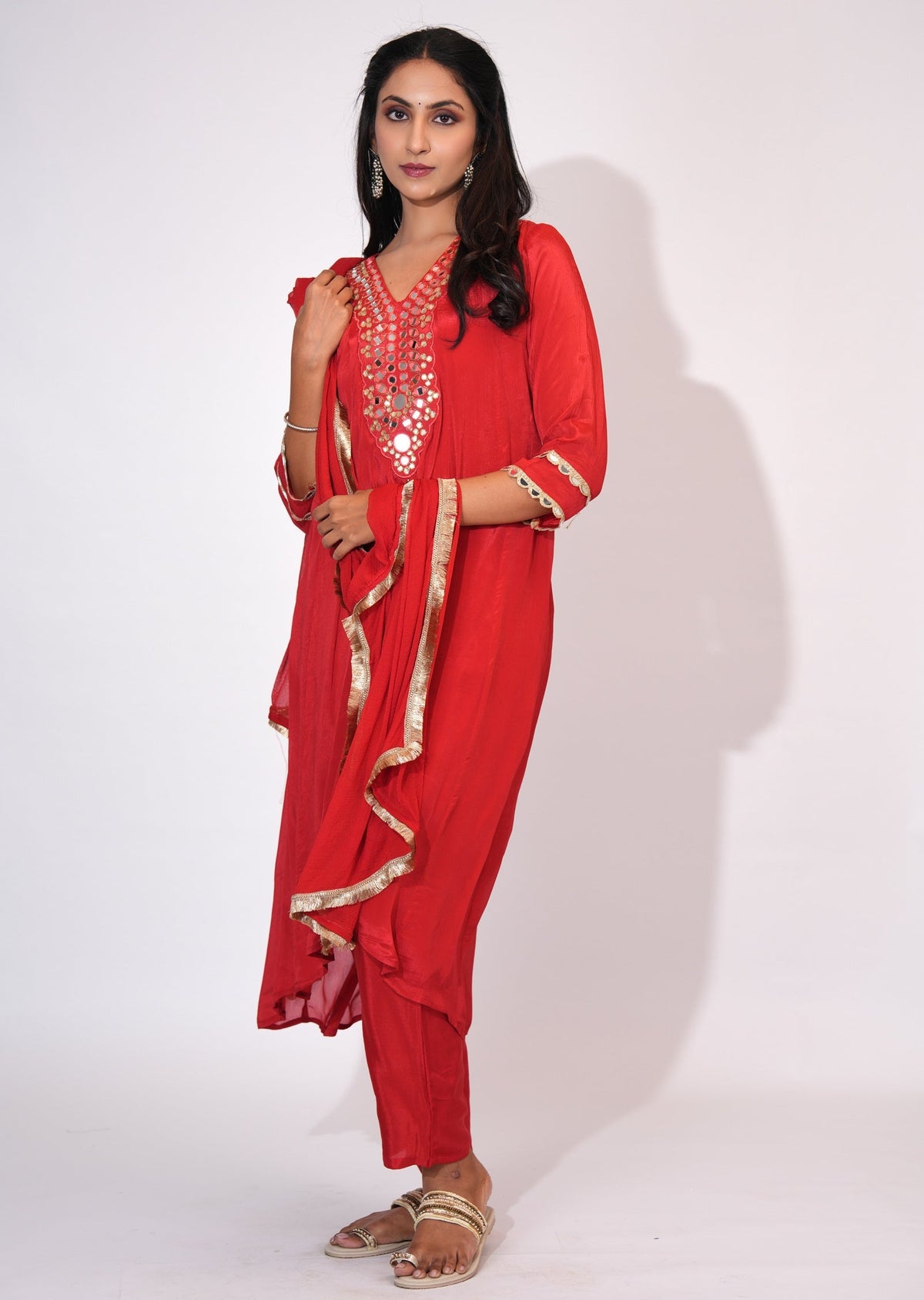Red Chinnon Anarkali suit