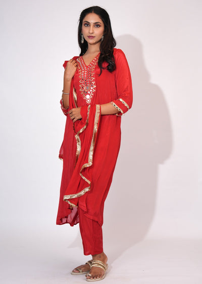 Red Chinnon Anarkali suit