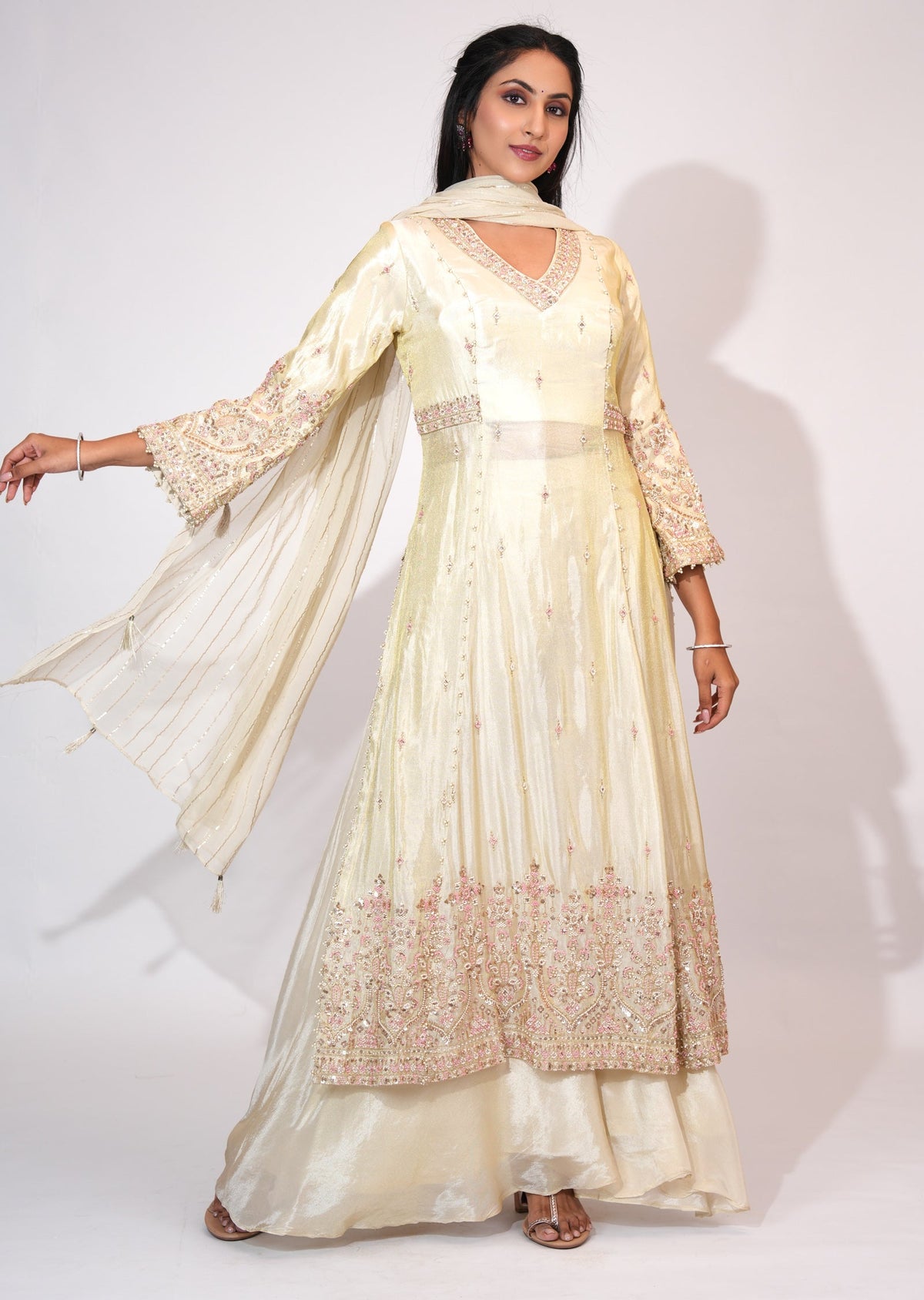 Cream Tissue Side slit Anarkali suit