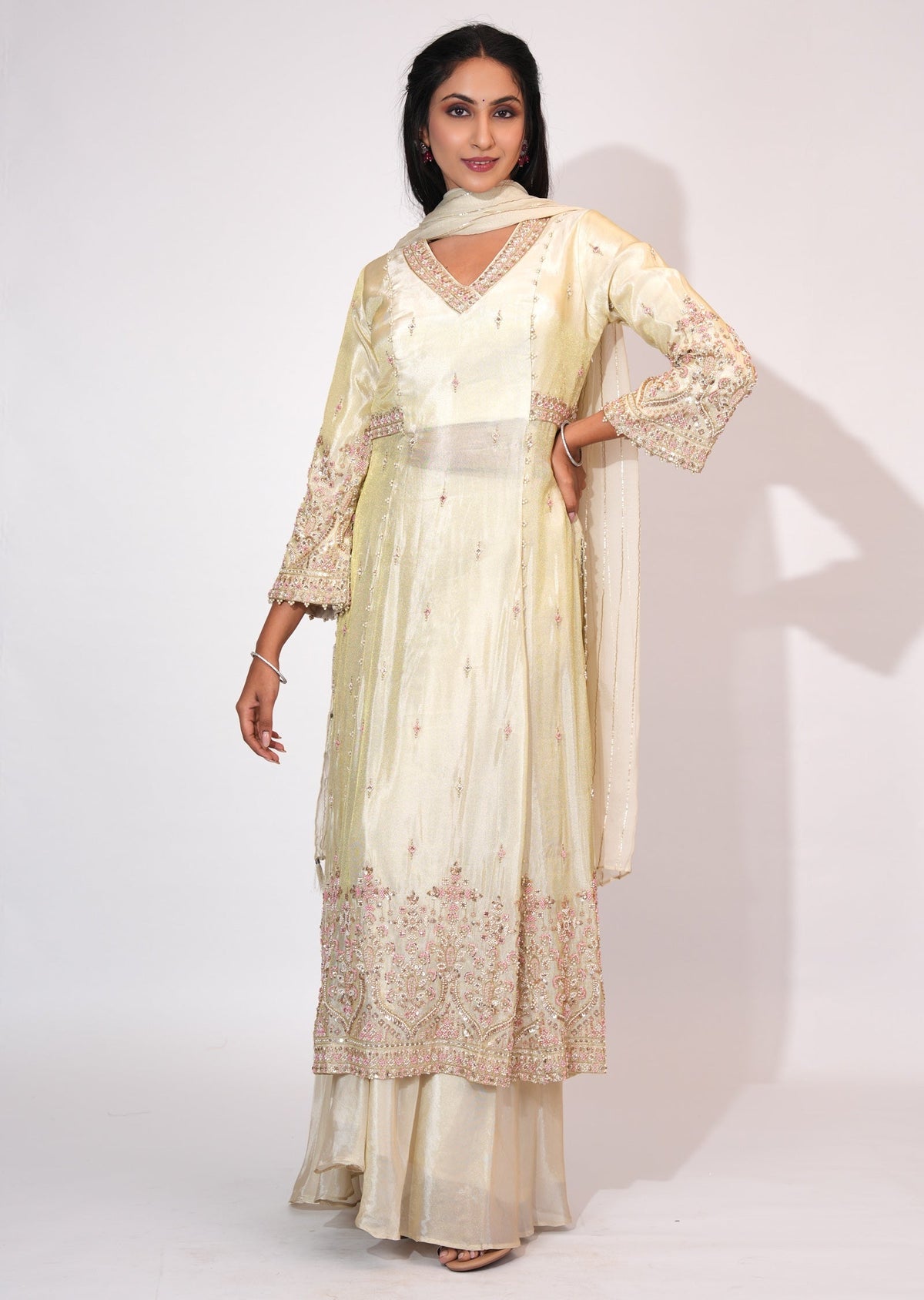 Cream Tissue Side slit Anarkali suit