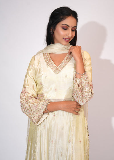 Cream Tissue Side slit Anarkali suit