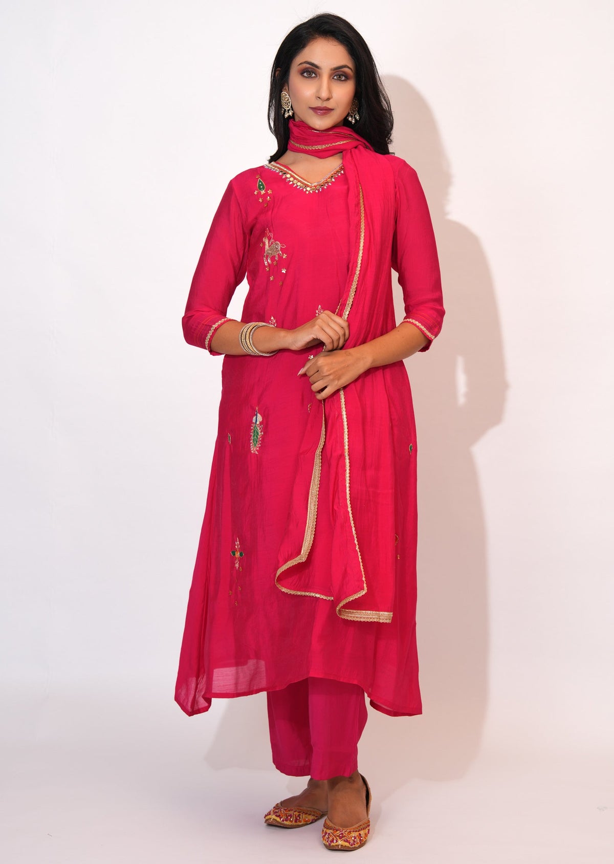 Rani Pink Mul Chanderi Anarkali suit