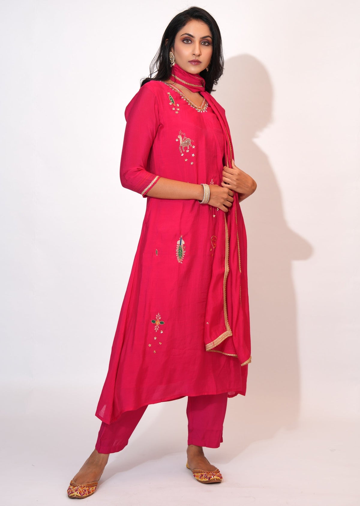 Rani Pink Mul Chanderi Anarkali suit