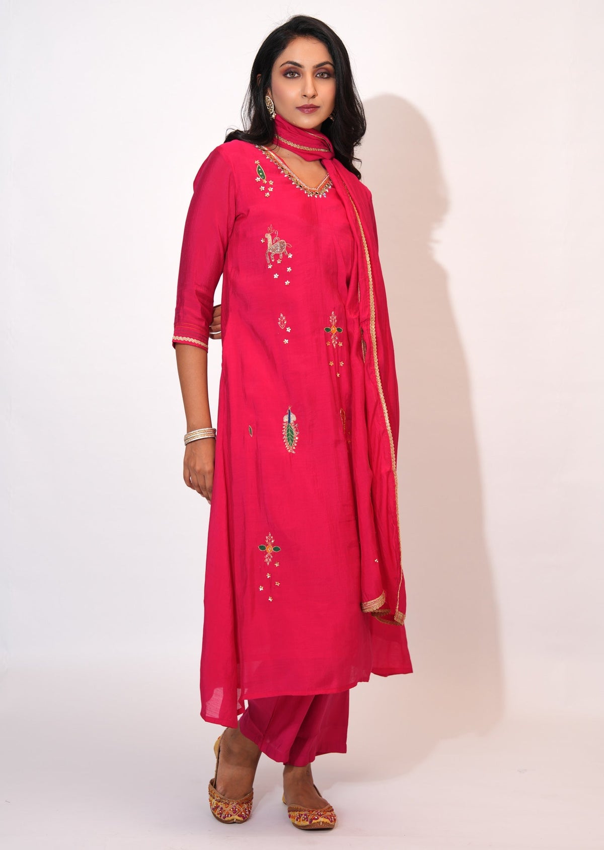 Rani Pink Mul Chanderi Anarkali suit