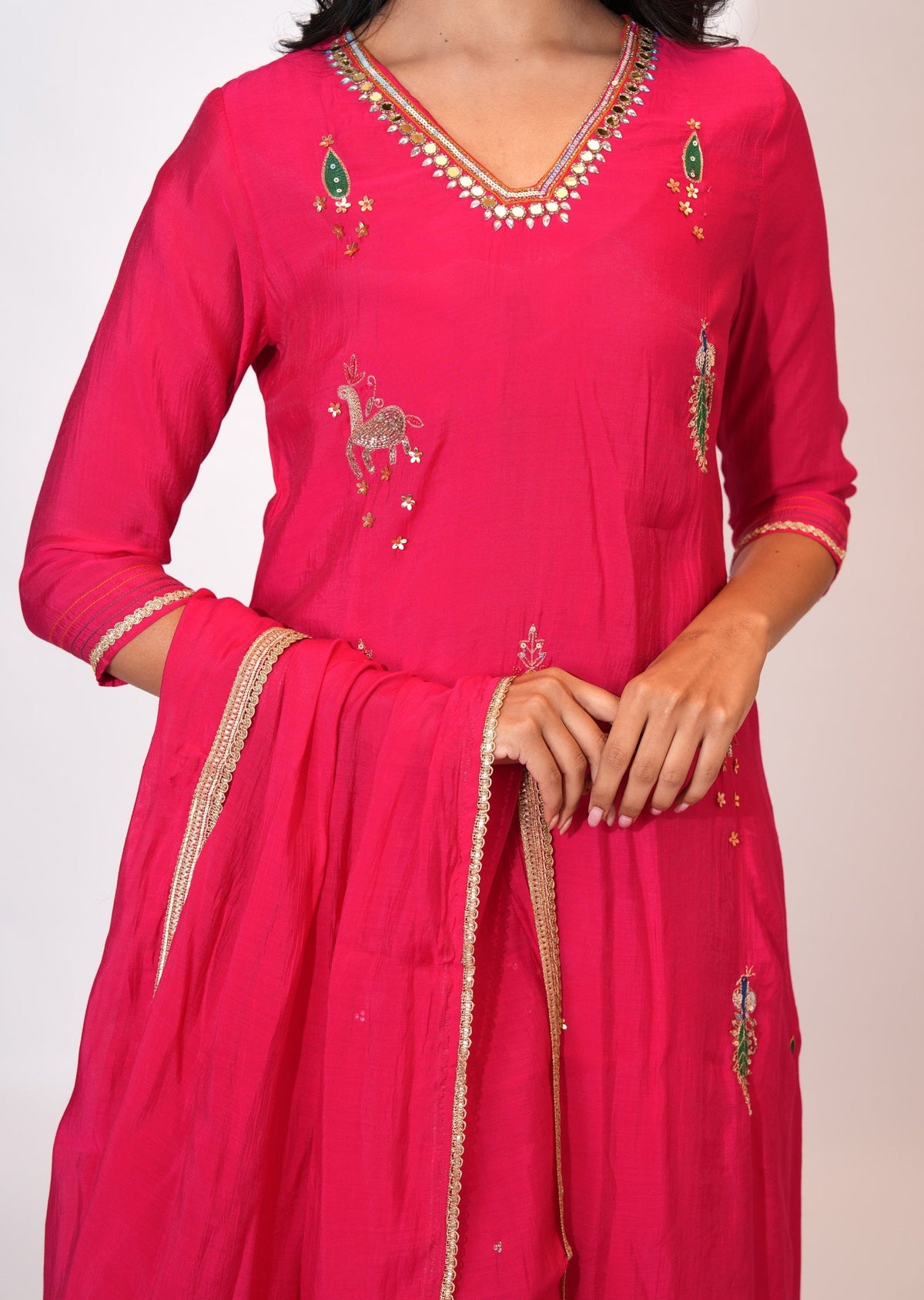 Rani Pink Mul Chanderi Anarkali suit